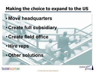 Making the choice to expand to the US

• Move headquarters
• Create full subsidiary
• Create field office
• Hire reps
• Other solutions


               Confidential Presentation Materials
 