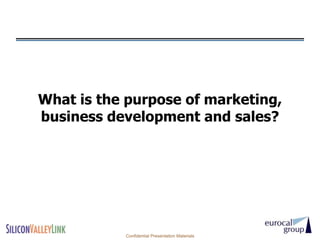 What is the purpose of marketing,
business development and sales?




           Confidential Presentation Materials
 