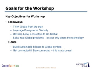 Goals for the Workshop
Key Objectives for Workshop
• Takeaways
   –   Think Global from the start
   –   Leverage Ecosystems Globally
   –   Develop Local Ecosystem to Go Global
   –   Solve real Global problems – it’s not only about the technology
• Future
   – Build sustainable bridges to Global centers
   – Get connected & Stay connected – this is a process!




                           Confidential Presentation Materials
 