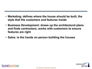 • Marketing: defines where the house should be built, the
  style that fits customers and features inside
• Business Development: draws up the architectural plans
  and finds contractors, works with customers to ensure
  features are right
• Sales: is the hands on person building the houses




                      Confidential Presentation Materials
 