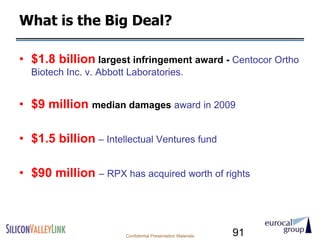 What is the Big Deal?

• $1.8 billion largest infringement award - Centocor Ortho
  Biotech Inc. v. Abbott Laboratories.


• $9 million median damages award in 2009

• $1.5 billion – Intellectual Ventures fund

• $90 million – RPX has acquired worth of rights



                        Confidential Presentation Materials   91
 