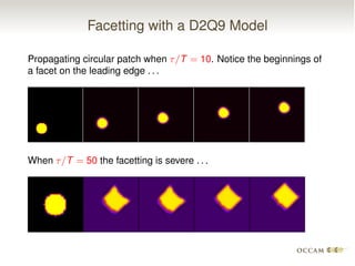 Facetting with a D2Q9 Model
Propagating circular patch when ⌧/T = 10. Notice the beginnings of
a facet on the leading edge . . .
When ⌧/T = 50 the facetting is severe . . .
 