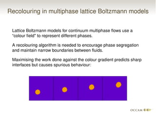Recolouring in multiphase lattice Boltzmann models
Lattice Boltzmann models for continuum multiphase ﬂows use a
“colour ﬁeld" to represent different phases.
A recolouring algorithm is needed to encourage phase segregation
and maintain narrow boundaries between ﬂuids.
Maximising the work done against the colour gradient predicts sharp
interfaces but causes spurious behaviour:
 