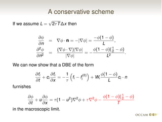 A conservative scheme
If we assume L =
p
2⌧T x then
@
@n
= r · n = |r | =
(1 )
L
,
@2
@n2
=
(r · r)|r |
|r |
=
(1 )(1
2 )
L2
.
We can now show that a DBE of the form
@fi
@t
+ ci
@fi
@x
=
1
⌧
⇣
fi f
(0)
i
⌘
+ Wi
(1 )
L
ci · n
furnishes
@
@t
+ u
@
@x
= ⌧(1 u2
)r2
+ ⌧r2 (1 )(1
2 )
T
in the macroscopic limit.
 
