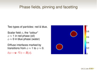 Phase ﬁelds, pinning and facetting
Two types of particles: red & blue.
Scalar ﬁeld , the “colour”
⇡ 1 in red phase (oil)
⇡ 0 in blue phase (water)
Diffuse interfaces marked by
transitions from ⇡ 1 to ⇡ 0.
@t + u · r = S( ).
 