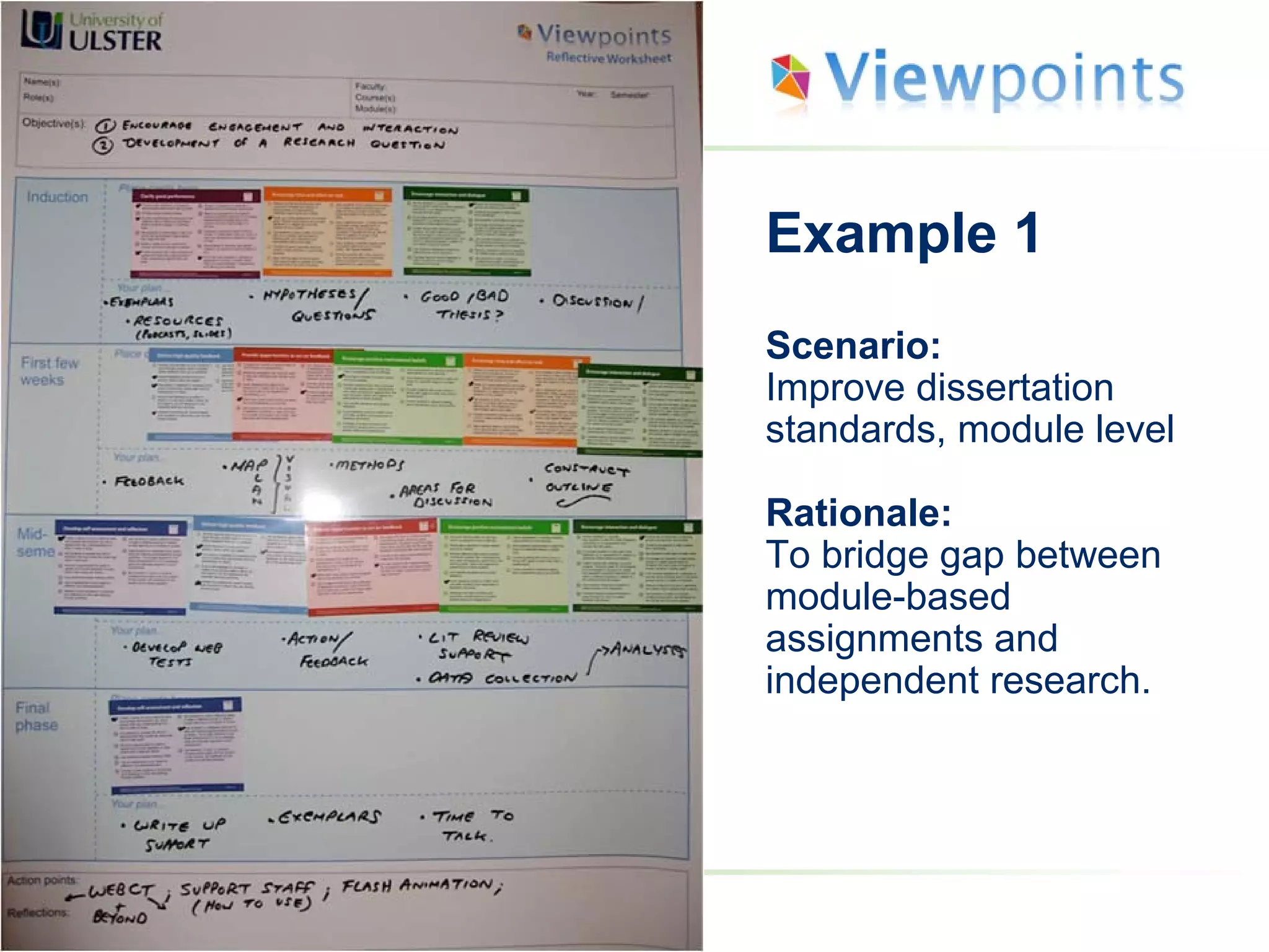Example 1
Scenario:
Improve dissertation
standards, module level
Rationale:
To bridge gap between
module-based
assignments and
independent research.
 