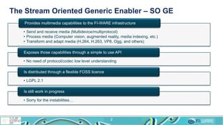 The Stream Oriented Generic Enabler – SO GE
2
• Send and receive media (Multidevice/multiprotocol)
• Process media (Comput...