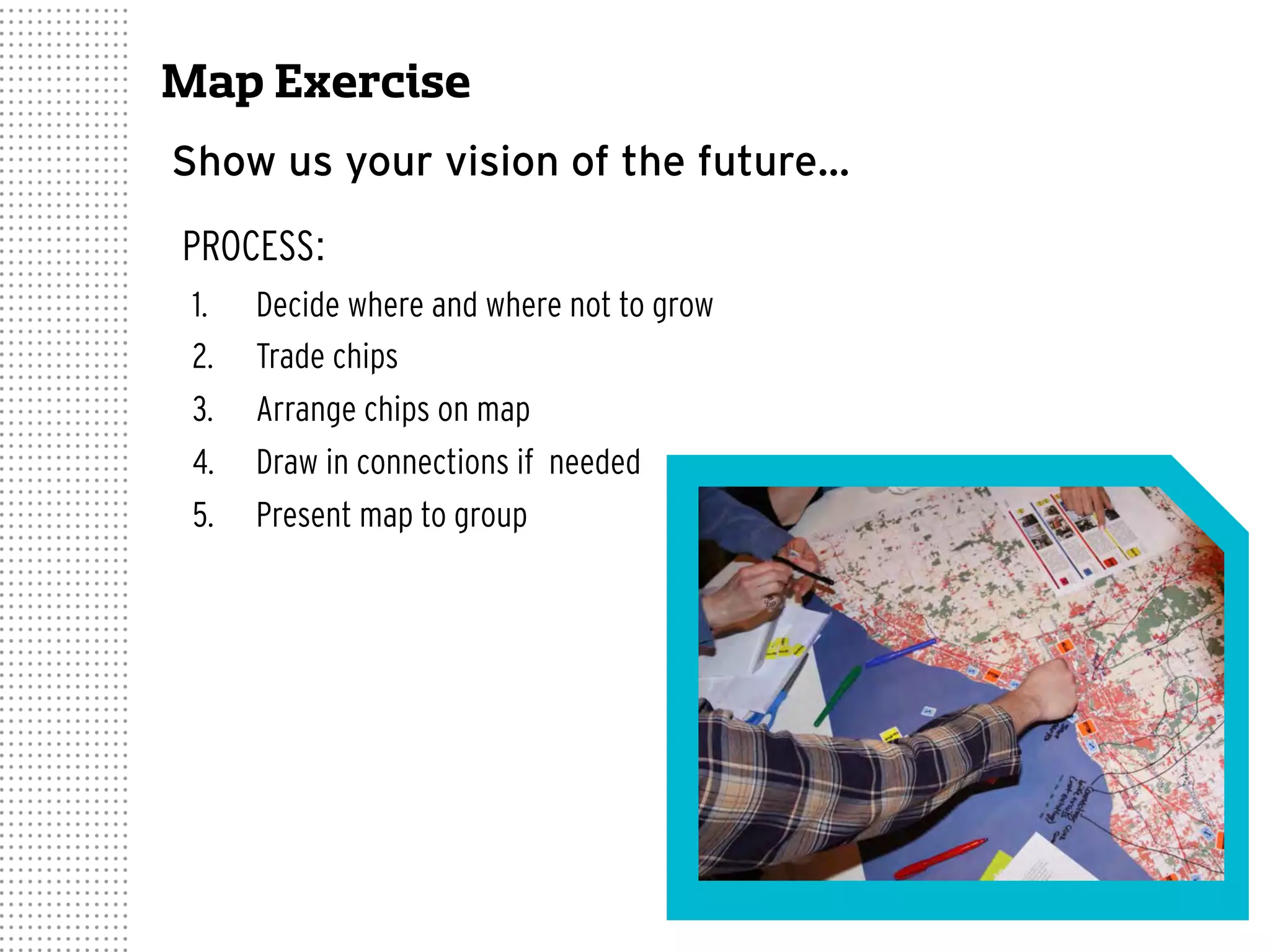 PROCESS:
Show us your vision of the future…
1.  Decide where and where not to grow
2.  Trade chips
3.  Arrange chips on map
4.  Draw in connections if needed
5.  Present map to group
Map Exercise
 