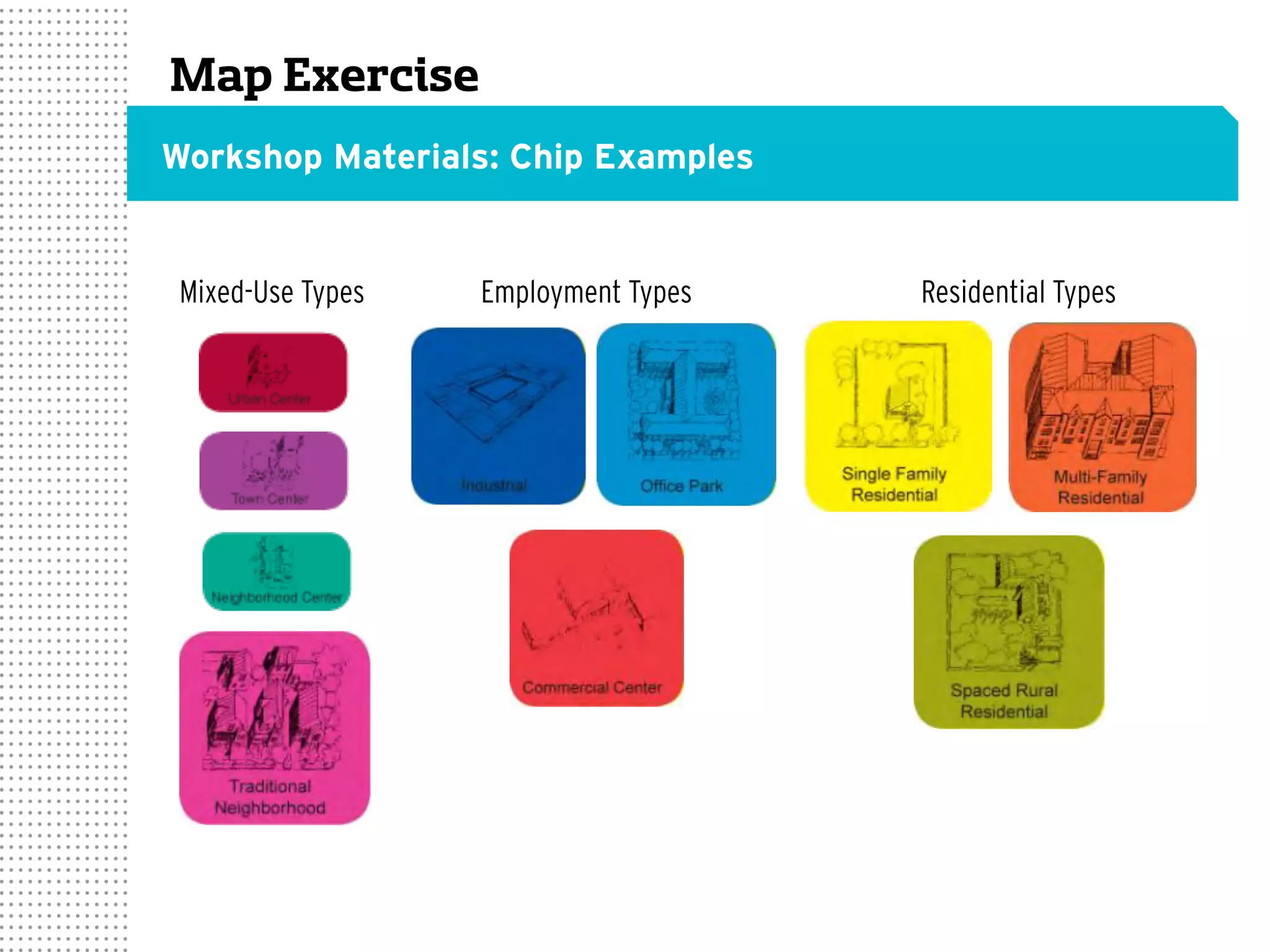 Map Exercise
Workshop Materials: Chip Examples
Employment Types Residential TypesMixed-Use Types
 