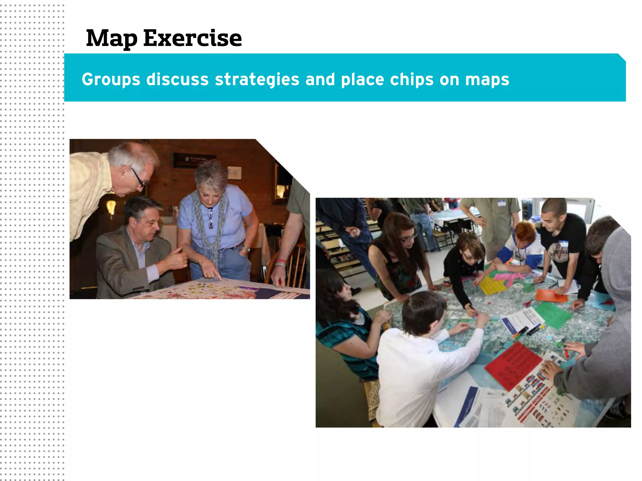 Map Exercise
Groups discuss strategies and place chips on maps
 