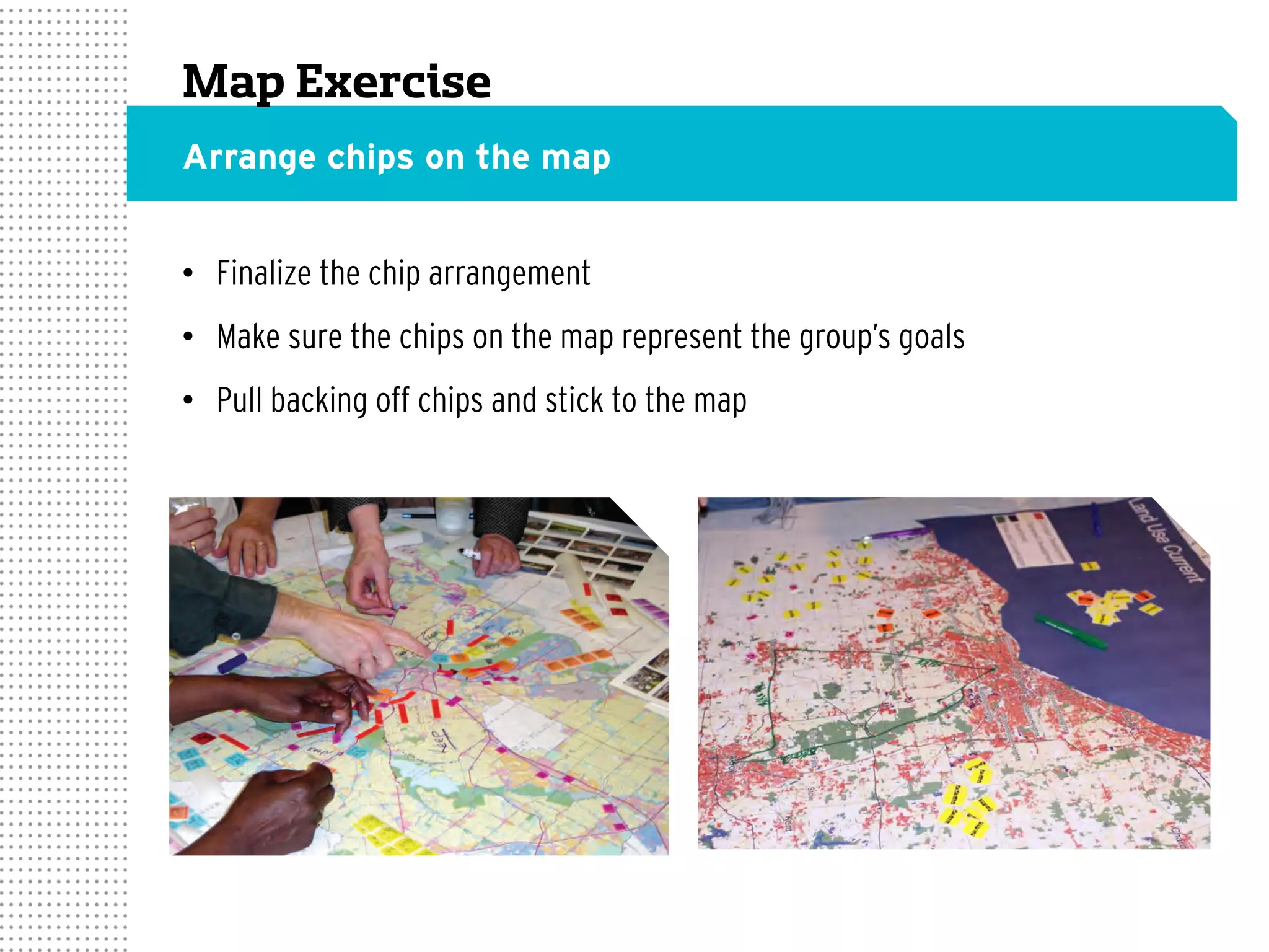 •  Finalize the chip arrangement
•  Make sure the chips on the map represent the group’s goals
•  Pull backing off chips and stick to the map
Map Exercise
Arrange chips on the map
 