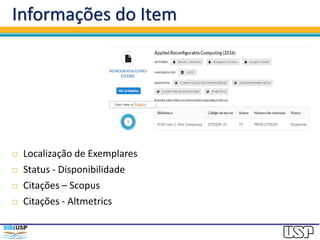 Breve Descrição
 Versão piloto
 Interface de visualização e geração de relatórios
 Fonte de dados: Dedalus
 Base 03 – Teses e Dissertações
 Base 04 – Produção USP
 Saídas – Relatórios - Gráficos
 Unidade
 Departamento
 Pesquisador
 Colaborações
 Listagem de itens normalizados em APA, ABNT, etc
 Exportação de arquivos CSV
 Exportação de gráfico – figura
 