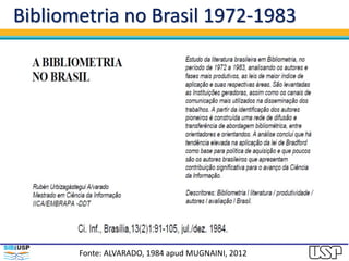 Bibliometria no Brasil 1972-1983
Fonte: ALVARADO, 1984 apud MUGNAINI, 2012
 