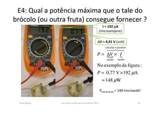 E4: Qual a potência máxima que o tale do
brócolo (ou outra fruta) consegue fornecer ?
Rosa Brígida microeletricidade para formadores 2017 18
Ptale brócolo = 148 microwatt!
{ {
W481
A921V0,77
:figuradaexemploNo
produtoocalcular
medirmedir
µ
µ
≈
×=
×∆=
P
IVP
48476
∆∆∆∆V = 4,01 V (volt)
I = 192 µµµµA
(microampere)
 