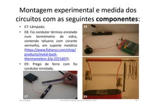 Montagem experimental e medida dos
circuitos com as seguintes componentes:
• E7: Lâmpada;
• E8: Fio condutor térmico enrolado
num termómetro de vidro,
contendo tolueno com corante
vermelho, em suporte metálico
(https://www.fishersci.com/shop/
products/metal-back-
thermometers-3/p-2371607);
• E9: Prego de ferro com fio
condutor enrolado.
Rosa Brígida microeletricidade para formadores 2017 26
E9
E8
E7
 