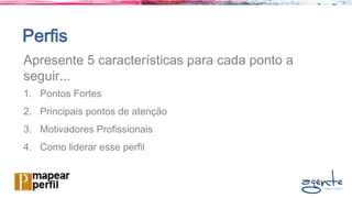 Perfis
Apresente 5 características para cada ponto a
seguir...
1. Pontos Fortes
2. Principais pontos de atenção
3. Motivadores Profissionais
4. Como liderar esse perfil
 
