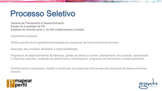 Processo Seletivo
Gerente de Treinamento e Desenvolvimento
Equipe de 6 analistas de RH
Empresa de Grande porte (+ de 500 colaboradores) contrata:
Experiência desejável:
Sólida experiência em gestão/implementação de programas de Desenvolvimento Humano
Descrição das principais atividades e responsabilidades:
Programas de desenvolvimento de liderança, gestão de talento e carreira, planejamento de sucessão, Assessment
e Coaching executivo, avaliação de performance e desempenho, programas de treinamento e desenvolvimento.
Conhecimentos necessários: Gestão e construção de programas transversais dos processos de desenvolvimento
humano
 
