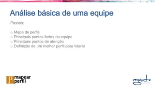 Análise básica de uma equipe
Passos:
o Mapa de perfis
o Principais pontos fortes da equipe
o Principais pontos de atenção
o Definição de um melhor perfil para liderar
 