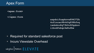 Apex Form
 Required for standard salesforce post
 Incurs Viewstate Overhead
<apex:form>
…
</apex:form
aspdoifuapknva894372h
4ofincao98vh0q938hfoq
iwnbdco8q73h0o9fqubov
ilbodfubqo3e8ufbw
 