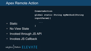Apex Remote Action
 Static
 No View State
 Invoked through JS API
 Invokes JS Callback
@remoteAction
global static String myMethod(String
inputParam){
...
}
 