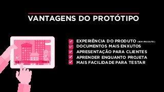 EXPERIÊNCIA DO PRODUTO (SEM PRODUTO)
DOCUMENTOS MAIS ENXUTOS
APRESENTAÇÃO PARA CLIENTES
APRENDER ENQUANTO PROJETA
MAIS FACILIDADE PARA TESTAR
VANTAGENS DO PROTÓTIPO
 