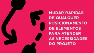 MUDAR RÁPIDAS
DE QUALQUER
POSICIONAMENTO
DE ELEMENTOS
PARA ATENDER
ÀS NECESSIDADES
DO PROJETO
 