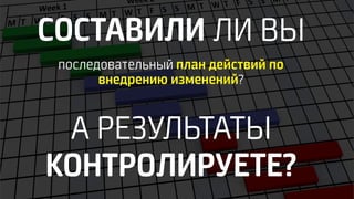 СОСТАВИЛИ ЛИ ВЫ
последовательный план действий по
внедрению изменений?
А РЕЗУЛЬТАТЫ
КОНТРОЛИРУЕТЕ?
 