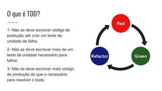 O que é TDD?
1- Não se deve escrever código de
produção até criar um teste de
unidade de falha.
2- Não se deve escrever mais de um
teste de unidade necessário para
falhar.
3- Não se deve escrever mais código
de produção do que o necessário
para resolver o teste.
 