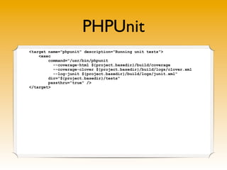 PHP Mess Detection
<target name="phpmd" description="Mess detection with PHPMD">
<phpmd>
<fileset refid="phpfiles" />
<for...