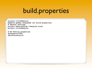 build.properties
project.title=WeCycle
phpbook:qademo dragonbe$ cat build.properties
# General settings
project.website=http://wecycle.local
project.title=WeCycle

# AB Testing properties
abrequests=1000
abconcurrency=10
 