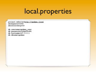 local.properties
project.website=http://qademo.local
abrequests=1000
abconcurrency=10

db.username=qademo_user
db.password=v3rRyS3crEt
db.hostname=127.0.0.1
db.dbname=qademo
 