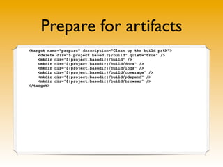 Prepare for artifacts
<target name="prepare" description="Clean up the build path">
    <delete dir="${project.basedir}/build" quiet="true" />
    <mkdir dir="${project.basedir}/build" />
    <mkdir dir="${project.basedir}/build/docs" />
    <mkdir dir="${project.basedir}/build/logs" />
    <mkdir dir="${project.basedir}/build/coverage" />
    <mkdir dir="${project.basedir}/build/pdepend" />
    <mkdir dir="${project.basedir}/build/browser" />
</target>
 