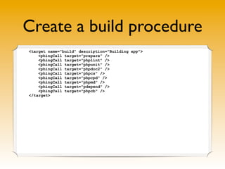 Create a build procedure
<target name="build" description="Building app">
    <phingCall target="prepare" />
    <phingCall target="phplint" />
    <phingCall target="phpunit" />
    <phingCall target="phpdoc2" />
    <phingCall target="phpcs" />
    <phingCall target="phpcpd" />
    <phingCall target="phpmd" />
    <phingCall target="pdepend" />
    <phingCall target="phpcb" />
</target>
 