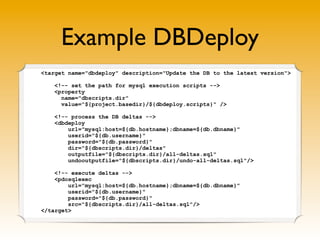 Example DBDeploy
<target name="dbdeploy" description="Update the DB to the latest version">

    <!-- set the path for mysql execution scripts -->
    <property
      name="dbscripts.dir"
      value="${project.basedir}/${dbdeploy.scripts}" />

    <!-- process the DB deltas -->
    <dbdeploy
        url="mysql:host=${db.hostname};dbname=${db.dbname}"
        userid="${db.username}"
        password="${db.password}"
        dir="${dbscripts.dir}/deltas"
        outputfile="${dbscripts.dir}/all-deltas.sql"
        undooutputfile="${dbscripts.dir}/undo-all-deltas.sql"/>

    <!-- execute deltas -->
    <pdosqlexec
        url="mysql:host=${db.hostname};dbname=${db.dbname}"
        userid="${db.username}"
        password="${db.password}"
        src="${dbscripts.dir}/all-deltas.sql"/>
</target>
 