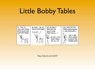 Little Bobby Tables




      http://xkcd.com/327/
 