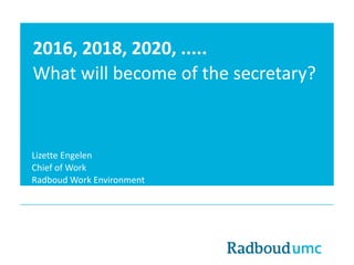 What will become of the secretary?
Lizette Engelen
Chief of Work
Radboud Work Environment
2016, 2018, 2020, .....
 