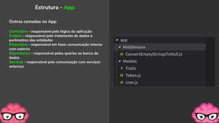 Estrutura - App
Outras camadas no App
Controllers - responsável pela lógica da aplicação
Entities - responsável pelo tratamento de dados e
parâmetros das entidades
Presenters - responsável em fazer comunicação interna
com externa
Repositories - responsável pelas queries ao banco de
dados
Services - responsável pela comunicação com serviços
externos
 
