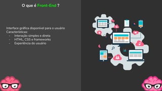 Interface gráfica disponível para o usuário
Características:
- Interação simples e direta
- HTML, CSS e frameworks
- Experiência do usuário
O que é Front-End ?
 