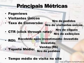 Principais Métricas
• Pageviews
• Visitantes Únicos
• Taxa de Conversão:
• CTR (click through rate):
• ROI:
• Tíquete Médio:
• Tempo médio de visita no site
únicossvisitantedeNro
pedidosdeNro
exibiçõesdeNro
cliquesdeNro
Investido
Investido-toinvestimenapósRecebido
pedidosdeNro
(R$)Vendas
12
Image: jannoon028 / FreeDigitalPhotos.net
 