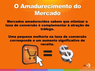 O Amadurecimento do
Mercado
Mercados amadurecidos sabem que otimizar a
taxa de conversão é complementar à atração de
tráfego.
Uma pequena melhoria na taxa de conversão
corresponde a um aumento significativo de
receita.
=
23
 