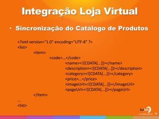 Integração Loja Virtual 
•Sincronização do Catálogo de Produtos 
66 
<?xml version="1.0" encoding="UTF-8" ?> 
<list> 
<item> 
<code>...</code> 
<name><![CDATA[...]]></name> 
<description><![CDATA[...]]></description> 
<category><![CDATA[...]]></category> 
<price>...</price> 
<imageUrl><![CDATA[...]]></imageUrl> 
<pageUrl><![CDATA[...]]></pageUrl> 
</item> 
… 
<list>  