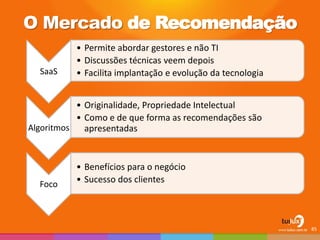 O Mercado de Recomendação 
SaaS 
•Permite abordar gestores e não TI 
•Discussões técnicas veem depois 
•Facilita implantação e evolução da tecnologia 
Algoritmos 
•Originalidade, Propriedade Intelectual 
•Como e de que forma as recomendações são apresentadas 
Foco 
•Benefícios para o negócio 
•Sucesso dos clientes 
85  