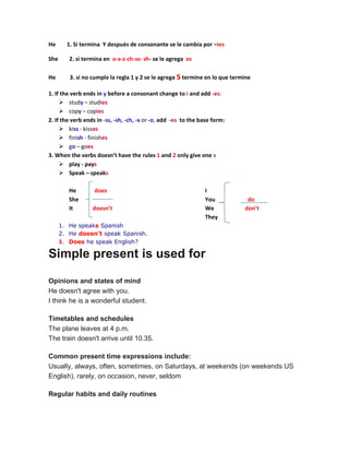 He 1. Si termina Y después de consonante se le cambia por –ies
She 2. si termina en o-x-z-ch-ss- sh- se le agrega es
He 3. si no cumple la regla 1 y 2 se le agrega stermine en lo que termine
1. If the verb ends in y before a consonant change to i and add -es:
 study – studies
 copy – copies
2. If the verb ends in -ss, -sh, -ch, -x or -o, add -es to the base form:
 kiss - kisses
 finish - finishes
 go – goes
3. When the verbs doesn’t have the rules 1 and 2 only give one s
 play - pays
 Speak – speaks
He does
She
It doesn’t
I
You do
We don’t
They
1. He speaks Spanish
2. He doesn't speak Spanish.
3. Does he speak English?
Simple present is used for
Opinions and states of mind
He doesn't agree with you.
I think he is a wonderful student.
Timetables and schedules
The plane leaves at 4 p.m.
The train doesn't arrive until 10.35.
Common present time expressions include:
Usually, always, often, sometimes, on Saturdays, at weekends (on weekends US
English), rarely, on occasion, never, seldom
Regular habits and daily routines
 