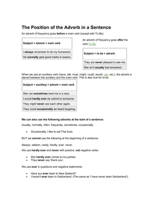 The Position of the Adverb in a Sentence
An adverb of frequency goes before a main verb (except with To Be).
Subject + adverb + main verb
I always remember to do my homework.
He normally gets good marks in exams.
An adverb of frequency goes after the
verb To Be.
Subject + to be + adverb
They are never pleased to see me.
She isn't usually bad tempered.
When we use an auxiliary verb (have, will, must, might, could, would, can, etc.), the adverb is
placed between the auxiliary and the main verb. This is also true for to be.
Subject + auxiliary + adverb + main verb
She can sometimes beat me in a race.
I would hardly ever be unkind to someone.
They might never see each other again.
They could occasionally be heard laughing.
We can also use the following adverbs at the start of a sentence:
Usually, normally, often, frequently, sometimes, occasionally
 Occasionally, I like to eat Thai food.
BUT we cannot use the following at the beginning of a sentence:
Always, seldom, rarely, hardly, ever, never.
We use hardly ever and never with positive, not negative verbs:
 She hardly ever comes to my parties.
 They never say 'thank you'.
We use ever in questions and negative statements:
 Have you ever been to New Zealand?
 I haven't ever been to Switzerland. (The same as 'I have never been Switzerland').
 