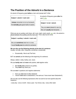 The Position of the Adverb in a Sentence
An adverb of frequency goes before a main verb (except with To Be).
Subject + adverb + main verb
I always remember to do my homework.
He normally gets good marks in exams.
An adverb of frequency goes after the
verb To Be.
Subject + to be + adverb
They are never pleased to see me.
She isn't usually bad tempered.
When we use an auxiliary verb (have, will, must, might, could, would, can, etc.), the adverb is
placed between the auxiliary and the main verb. This is also true for to be.
Subject + auxiliary + adverb + main verb
She can sometimes beat me in a race.
I would hardly ever be unkind to someone.
We can also use the following adverbs at the start of a sentence:
Usually, normally, often, frequently, sometimes, occasionally
 Occasionally, I like to eat Thai food.
BUT we cannot use the following at the beginning of a sentence:
Always, seldom, rarely, hardly, ever, never.
We use hardly ever and never with positive, not negative verbs:
 She hardly ever comes to my parties.
 They never say 'thank you'.
We use ever in questions and negative statements:
 Have you ever been to New Zealand?
 I haven't ever been to Switzerland. (The same as 'I have never been Switzerland').
We can also use the following expressions when we want to be more specific about the
frequency:
- every day - once a month - twice a year - four times a day - every other week
 