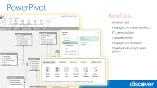 • Ambiente Excel
• Integração com modelo semântico
• ETL dentro do Excel
• Compartilhamento
• Integração com Sharepoint
• Visualização de uso por painéis
gráficos
 