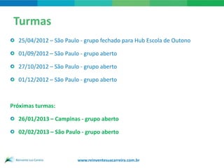 Turmas
  25/04/2012 – São Paulo - grupo fechado para Hub Escola de Outono

  01/09/2012 – São Paulo - grupo aberto

  27/10/2012 – São Paulo - grupo aberto

  01/12/2012 – São Paulo - grupo aberto



Próximas turmas:

  26/01/2013 – Campinas - grupo aberto

  02/02/2013 – São Paulo - grupo aberto



                        www.reinventesuacarreira.com.br
 