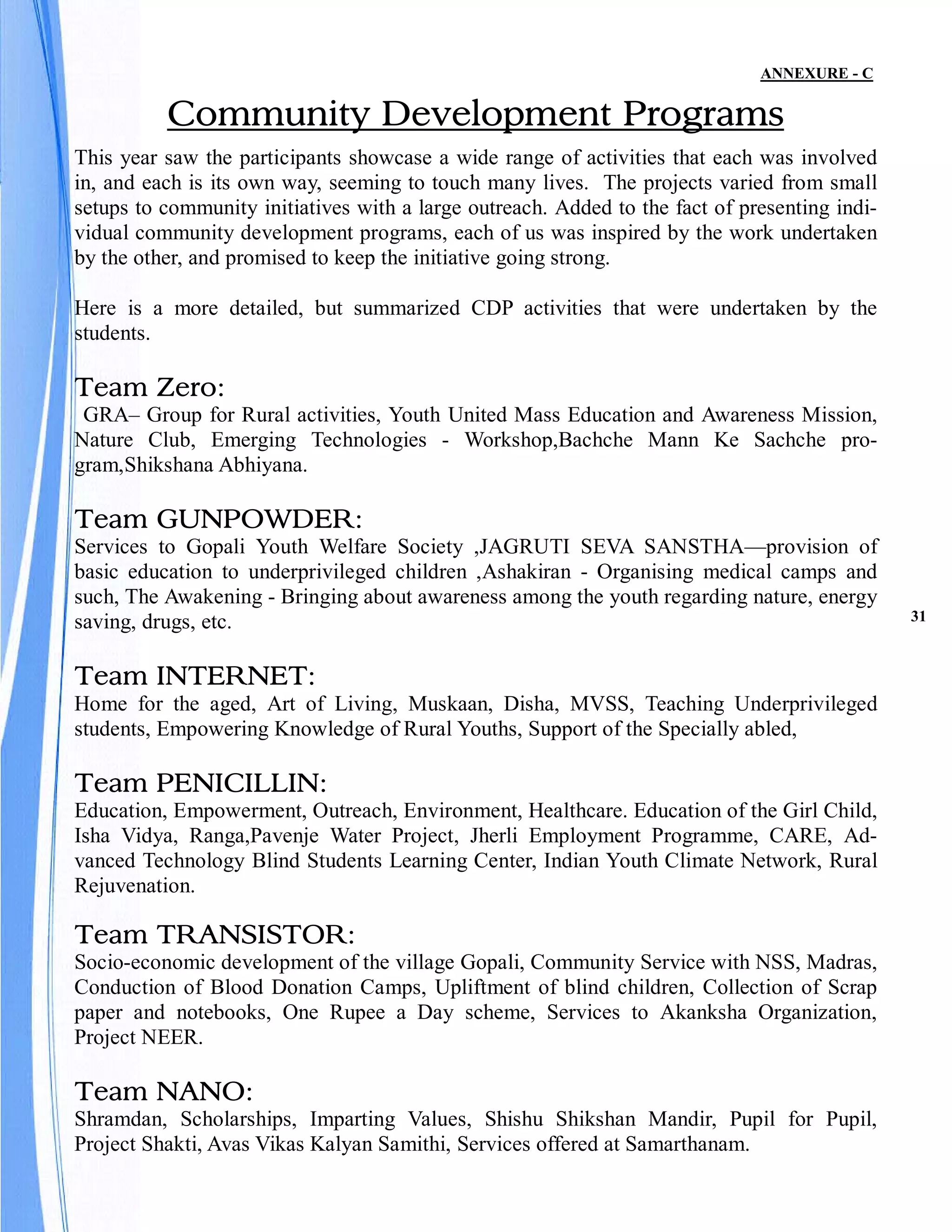 ANNEXURE - C

          Community Development Programs
This year saw the participants showcase a wide range of activities that each was involved
in, and each is its own way, seeming to touch many lives. The projects varied from small
setups to community initiatives with a large outreach. Added to the fact of presenting indi-
vidual community development programs, each of us was inspired by the work undertaken
by the other, and promised to keep the initiative going strong.

Here is a more detailed, but summarized CDP activities that were undertaken by the
students.

Team Zero:
 GRA– Group for Rural activities, Youth United Mass Education and Awareness Mission,
Nature Club, Emerging Technologies - Workshop,Bachche Mann Ke Sachche pro-
gram,Shikshana Abhiyana.

Team GUNPOWDER:
Services to Gopali Youth Welfare Society ,JAGRUTI SEVA SANSTHA—provision of
basic education to underprivileged children ,Ashakiran - Organising medical camps and
such, The Awakening - Bringing about awareness among the youth regarding nature, energy
saving, drugs, etc.                                                                            31



Team INTERNET:
Home for the aged, Art of Living, Muskaan, Disha, MVSS, Teaching Underprivileged
students, Empowering Knowledge of Rural Youths, Support of the Specially abled,

Team PENICILLIN:
Education, Empowerment, Outreach, Environment, Healthcare. Education of the Girl Child,
Isha Vidya, Ranga,Pavenje Water Project, Jherli Employment Programme, CARE, Ad-
vanced Technology Blind Students Learning Center, Indian Youth Climate Network, Rural
Rejuvenation.

Team TRANSISTOR:
Socio-economic development of the village Gopali, Community Service with NSS, Madras,
Conduction of Blood Donation Camps, Upliftment of blind children, Collection of Scrap
paper and notebooks, One Rupee a Day scheme, Services to Akanksha Organization,
Project NEER.

Team NANO:
Shramdan, Scholarships, Imparting Values, Shishu Shikshan Mandir, Pupil for Pupil,
Project Shakti, Avas Vikas Kalyan Samithi, Services offered at Samarthanam.
 