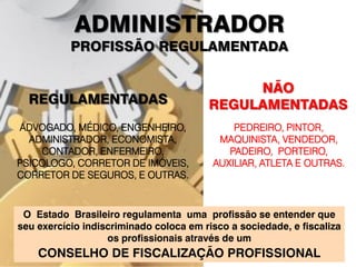 ADMINISTRADOR
PROFISSÃO REGULAMENTADA
NÃO
REGULAMENTADAS
PEDREIRO, PINTOR,
MAQUINISTA, VENDEDOR,
PADEIRO, PORTEIRO,
AUXILIAR, ATLETA E OUTRAS.
REGULAMENTADAS
ADVOGADO, MÉDICO, ENGENHEIRO,
ADMINISTRADOR, ECONOMISTA,
CONTADOR, ENFERMEIRO,
PSICOLOGO, CORRETOR DE IMÓVEIS,
CORRETOR DE SEGUROS, E OUTRAS.
O Estado Brasileiro regulamenta uma profissão se entender que
seu exercício indiscriminado coloca em risco a sociedade, e fiscaliza
os profissionais através de um
CONSELHO DE FISCALIZAÇÃO PROFISSIONAL
 