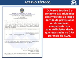 ACERVO TÉCNICO
O Acervo Técnico é o
conjunto das atividades
desenvolvidas ao longo
da vida do profissional
ou da empresa,
compatíveis com
suas atribuições desde
que registradas no CRA
por meio de RCAs.
 